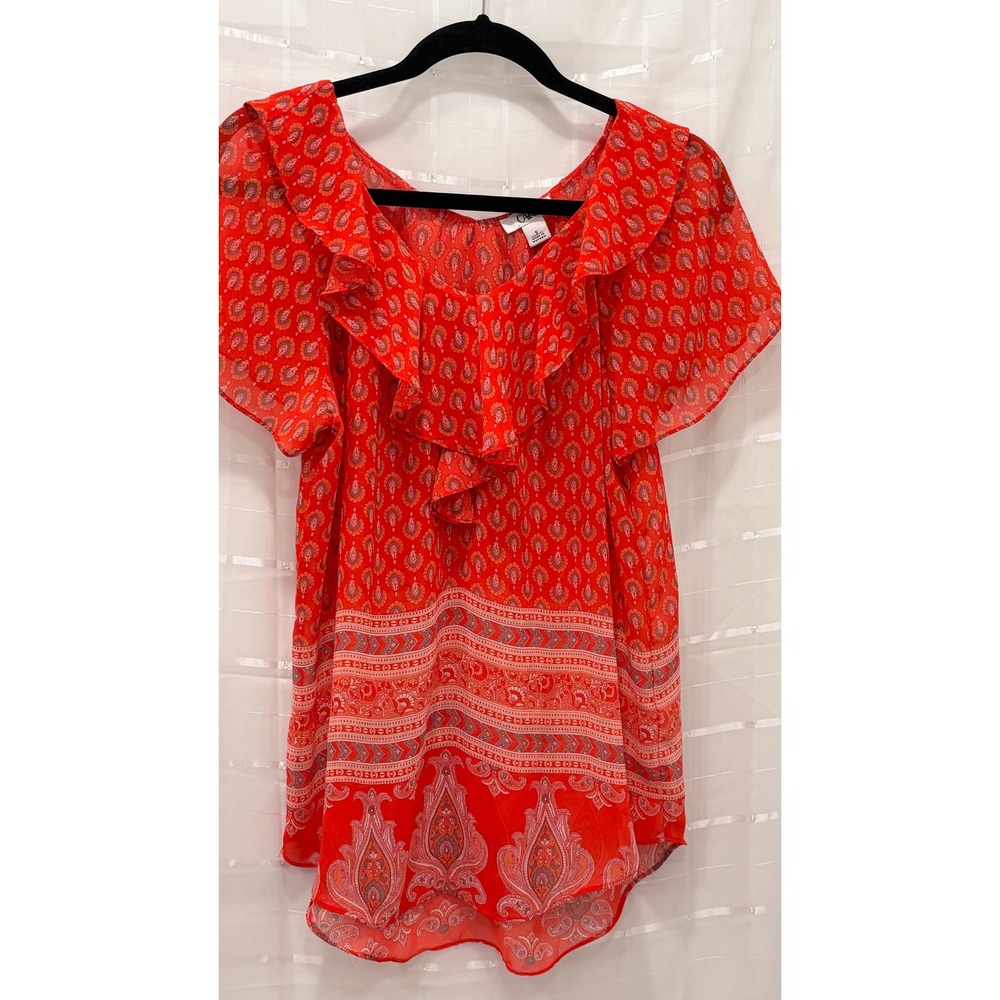 Cato Red Paisley Border Print Ruffle V-Neck Flutter Sleeve Blouse Small